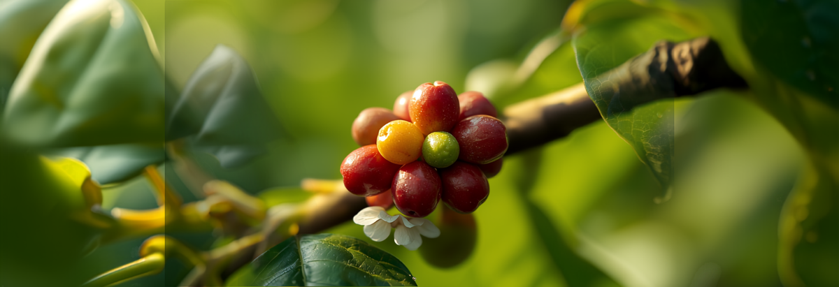 Close-up of a coffee plant branch showing ripe red cherries, unripe green cherries, and white coffee blossoms together.