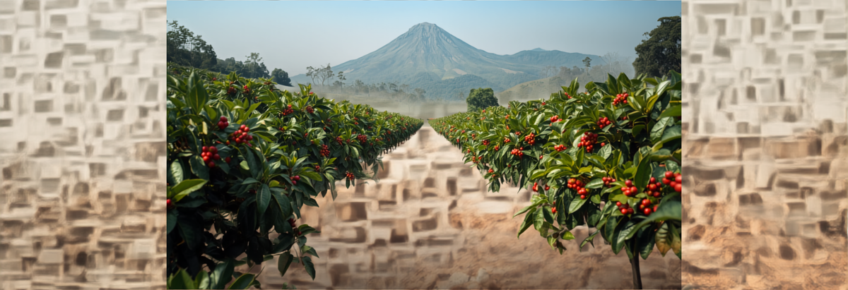 High-altitude Kenyan coffee farm near Mount Kenya with rows of coffee bushes heavy with bright red ripe cherries on volcanic soil.