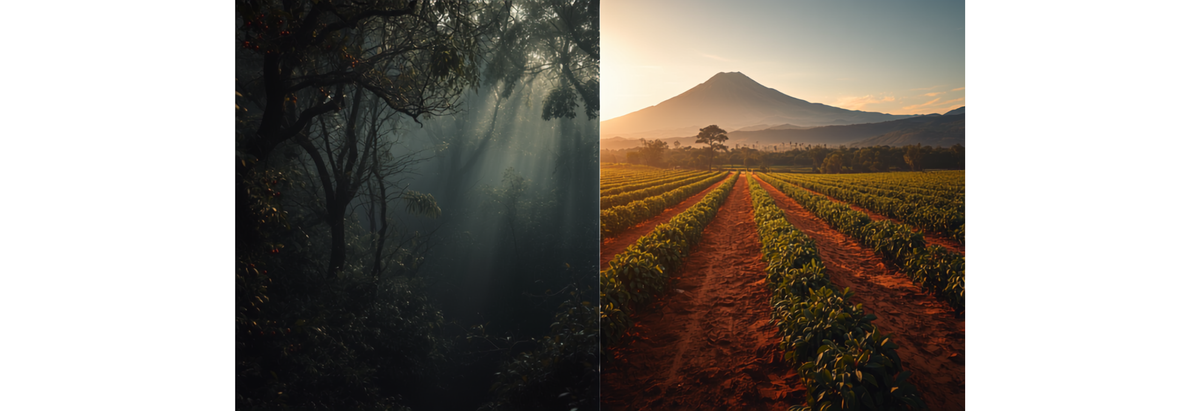 Split scene contrasting misty Ethiopian highland coffee forest with Kenyan sunlit coffee plantation on volcanic soil