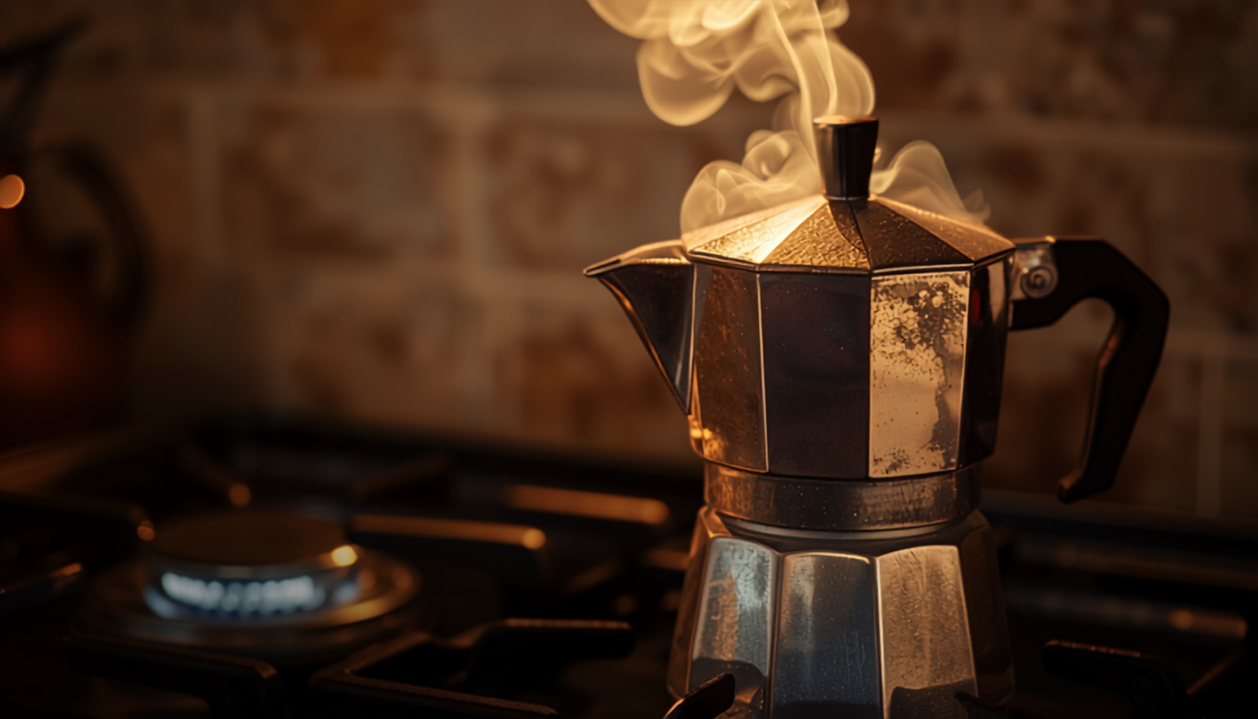 A stovetop moka pot brewing coffee on a gas hob, warm kitchen light, steam gently rising from the spout.