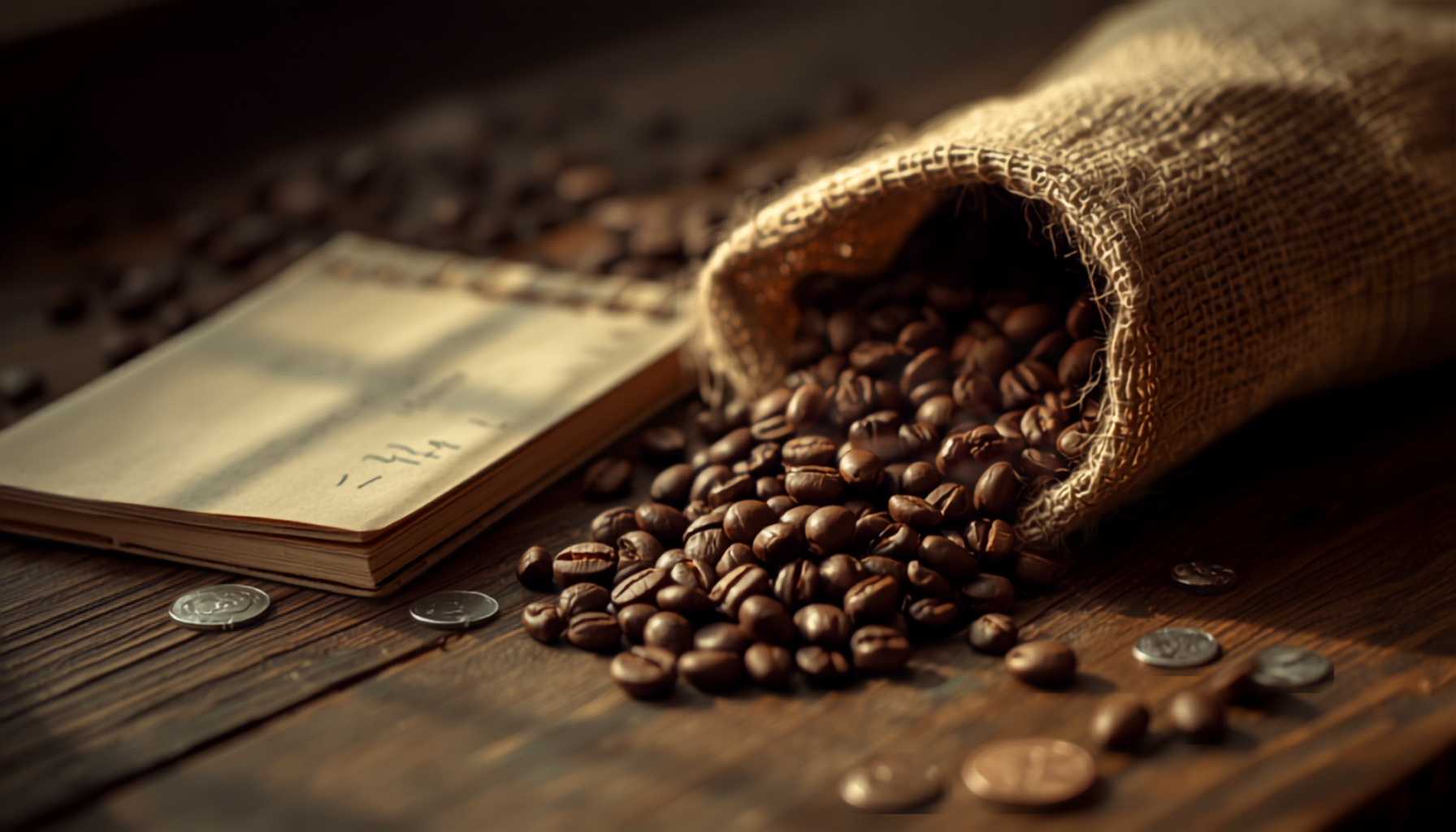 A bag of coffee beans and a calculator with coins on a kitchen counter, warm natural light, close-up cinematic shot.