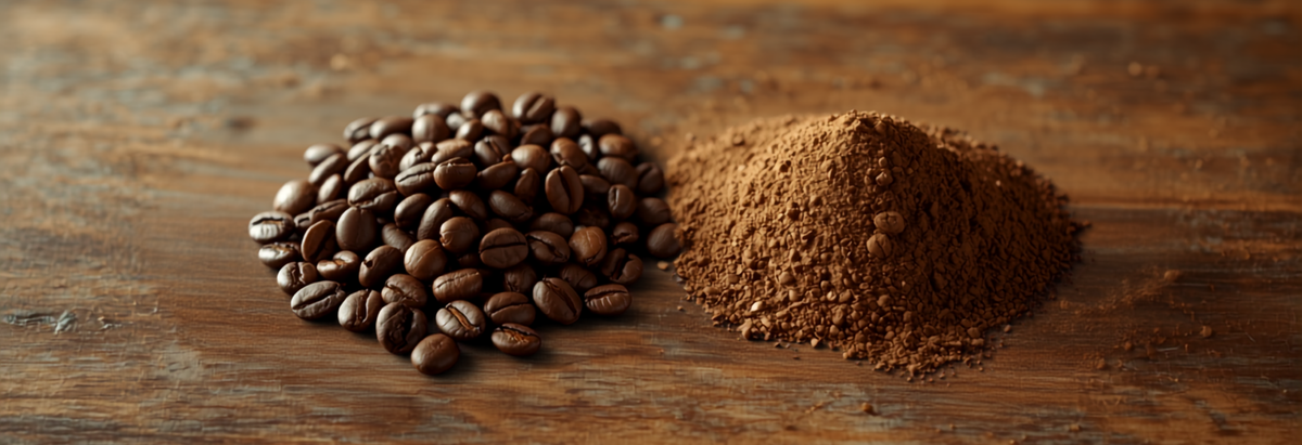 A pile of whole coffee beans beside a pile of ground coffee on a wooden counter