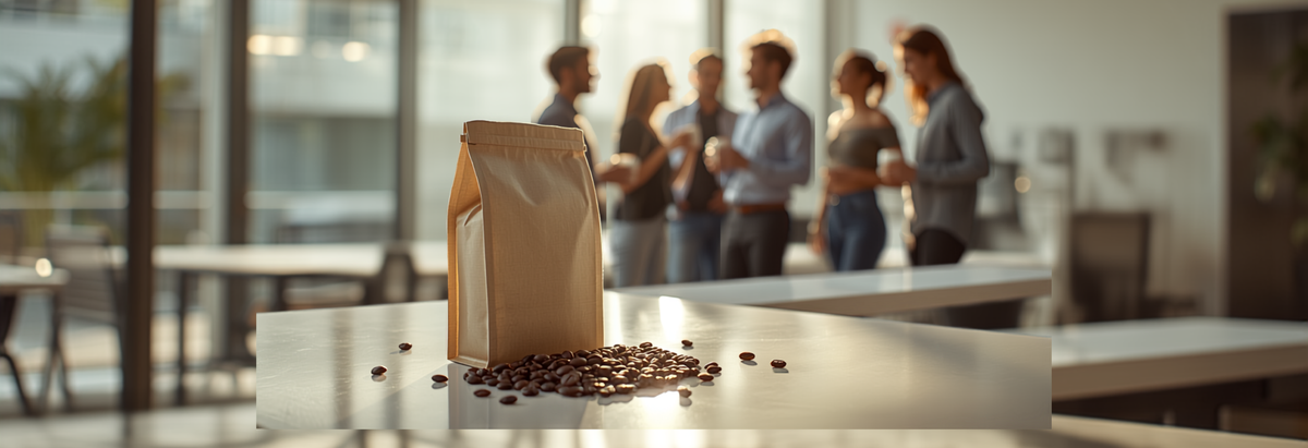 Office break room coffee station with a bag of whole coffee beans and a grinder on the counter