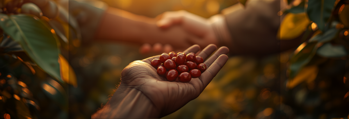 A close-up of a coffee farmer's hand holding freshly picked ripe coffee cherries at a farm