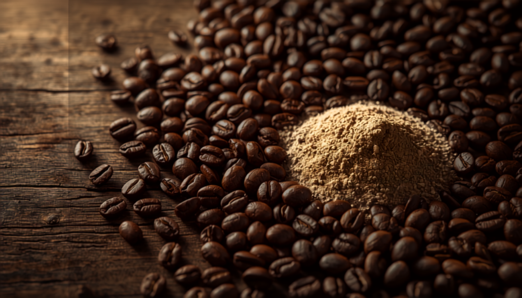 A pile of whole roasted coffee beans beside a small mound of ground coffee on a rustic wooden surface, warm natural light.