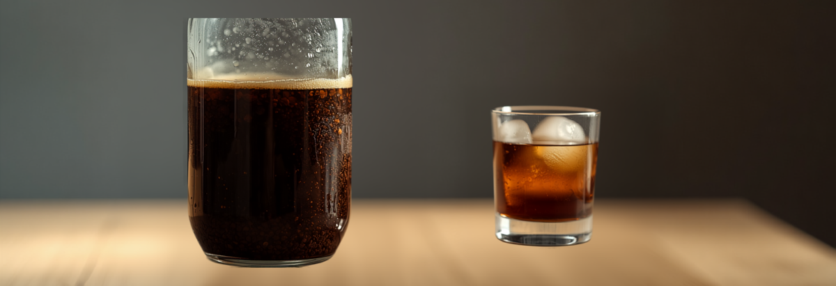 Glass jar of cold brew coffee concentrate steeping with coarse grounds beside a glass of iced cold brew