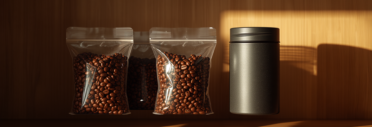Several bags of whole coffee beans arranged on a kitchen shelf beside an airtight storage canister