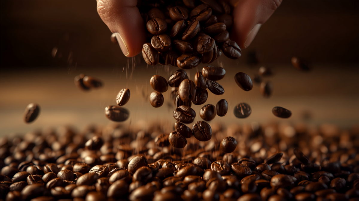 Coffee beans falling from a hand onto a wooden surface, warm golden light