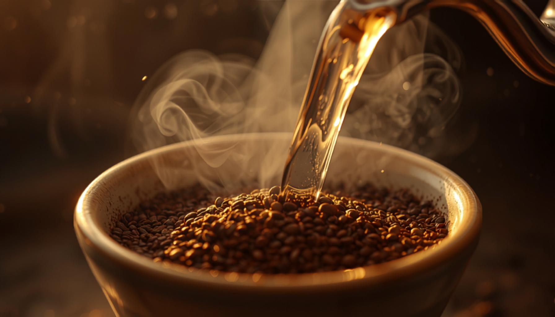 Steam rising from a kettle of hot water being poured over ground coffee, warm morning light, close-up cinematic shot.