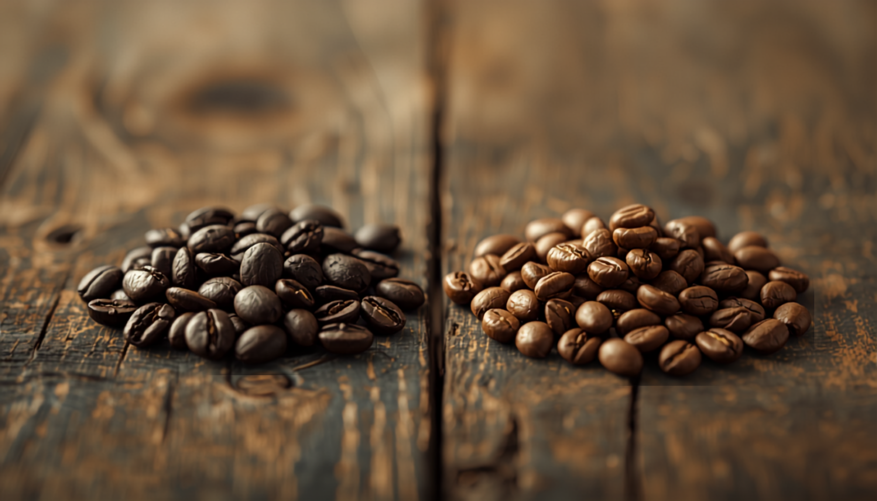 Two piles of roasted coffee beans side by side on rustic wood, warm light suggesting contrasting Brazilian and Colombian origins.