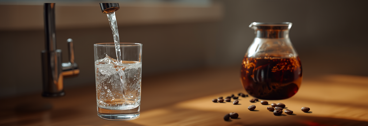 Glass being filled with water from a kitchen tap beside a carafe of brewed coffee and coffee beans