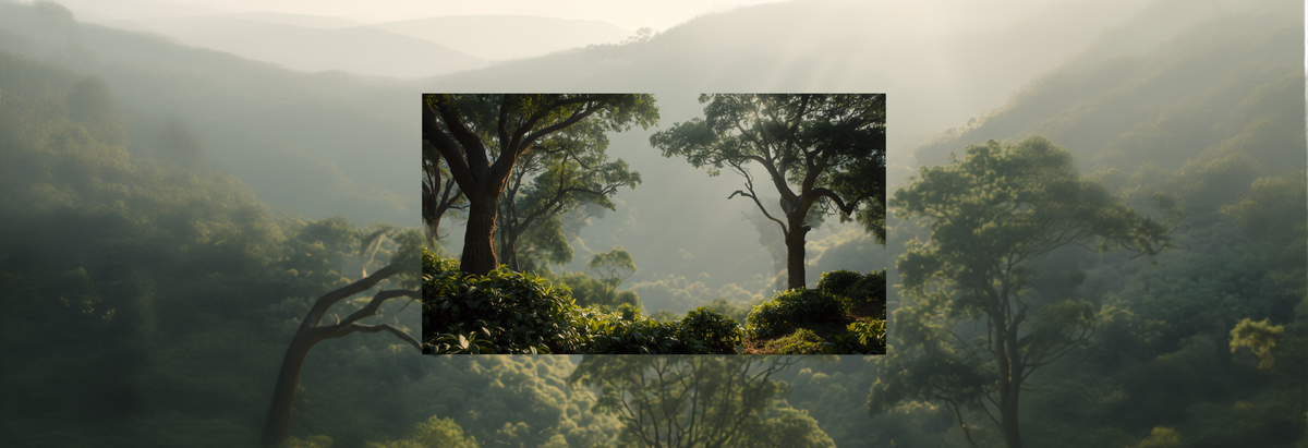 Lush green Ethiopian highland forest with wild coffee shrubs growing under a canopy of shade trees, misty mountains in the background.