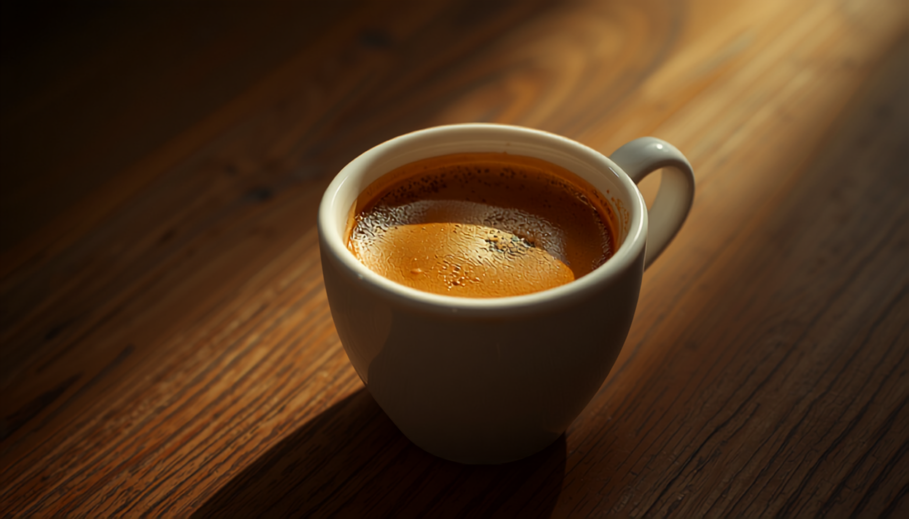 A rich, golden crema layer on top of a freshly pulled espresso shot in a small cup, close-up cinematic shot, warm kitchen light.