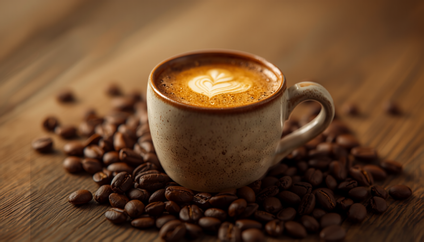 Freshly roasted speciality coffee beans beside a crema-topped espresso cup in warm, cinematic café lighting.