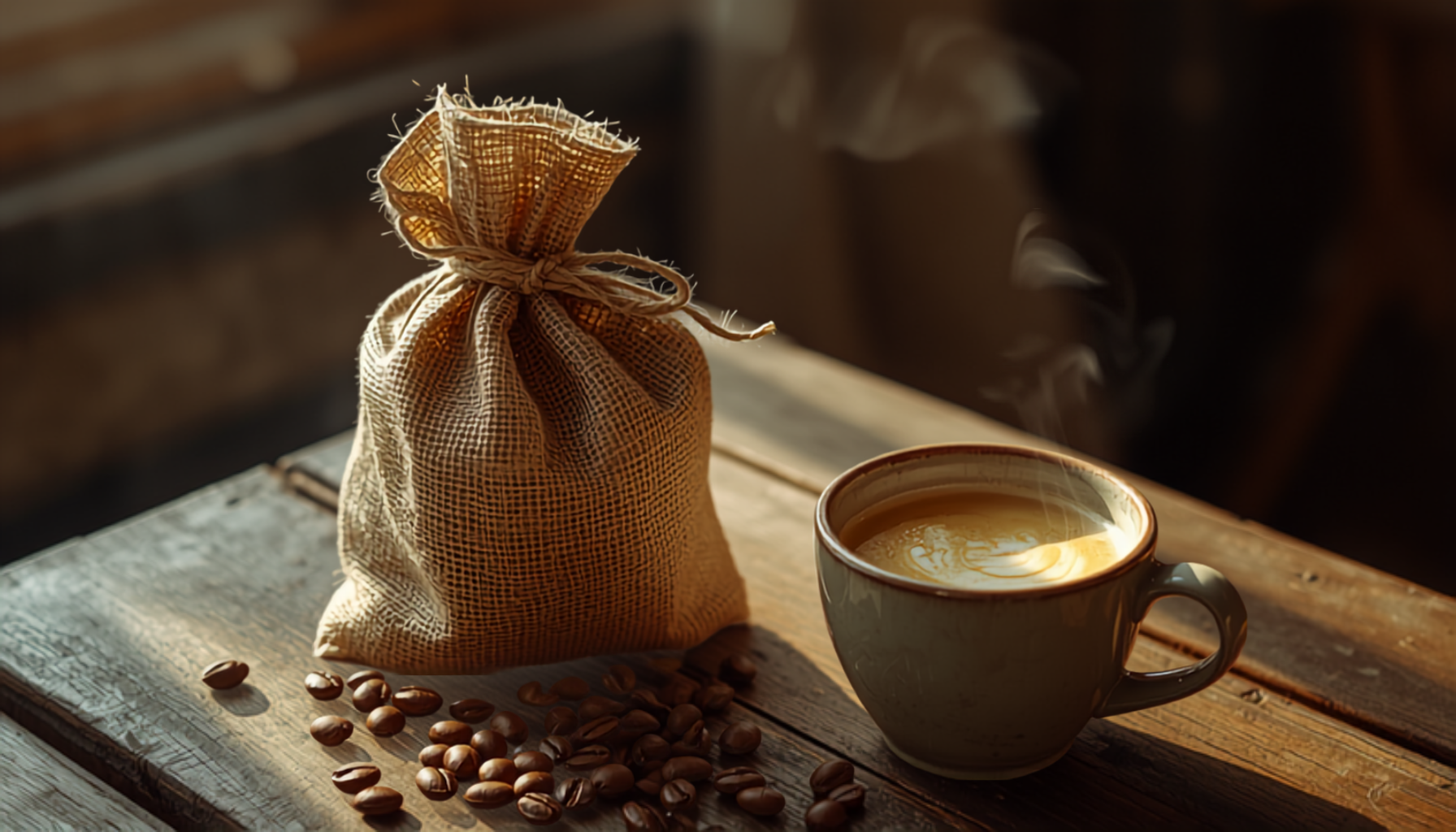Warm, cinematic close-up of a wrapped bag of coffee beans presented as a gift alongside a steaming cup, in soft brown and cream tones