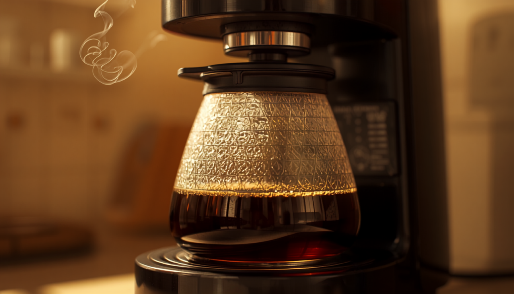 An electric filter coffee machine brewing coffee into a glass carafe on a kitchen counter, warm morning light, steam rising gently.