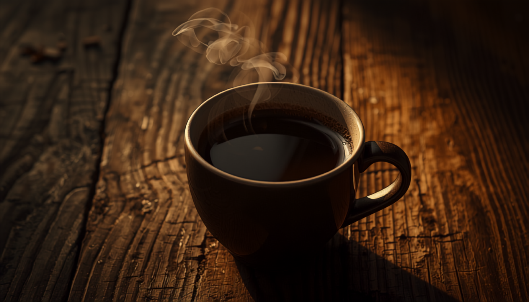 A cup of dark coffee with a slightly overextracted crema, close-up cinematic shot, warm moody lighting on a wooden table.