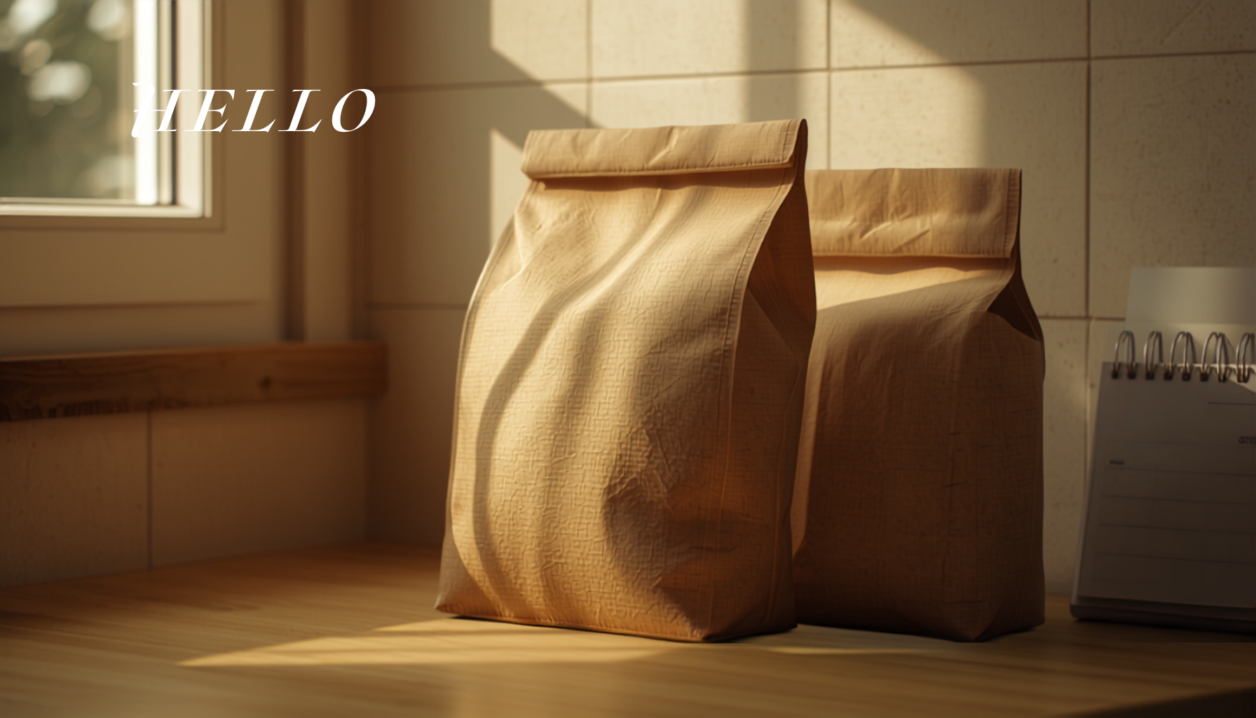Two bags of coffee beans in different sizes next to a calendar on a kitchen counter, warm natural light, close-up cinematic shot.