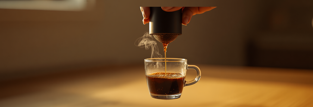 Close-up of an Aeropress coffee maker being pressed, brewing coffee into a glass cup