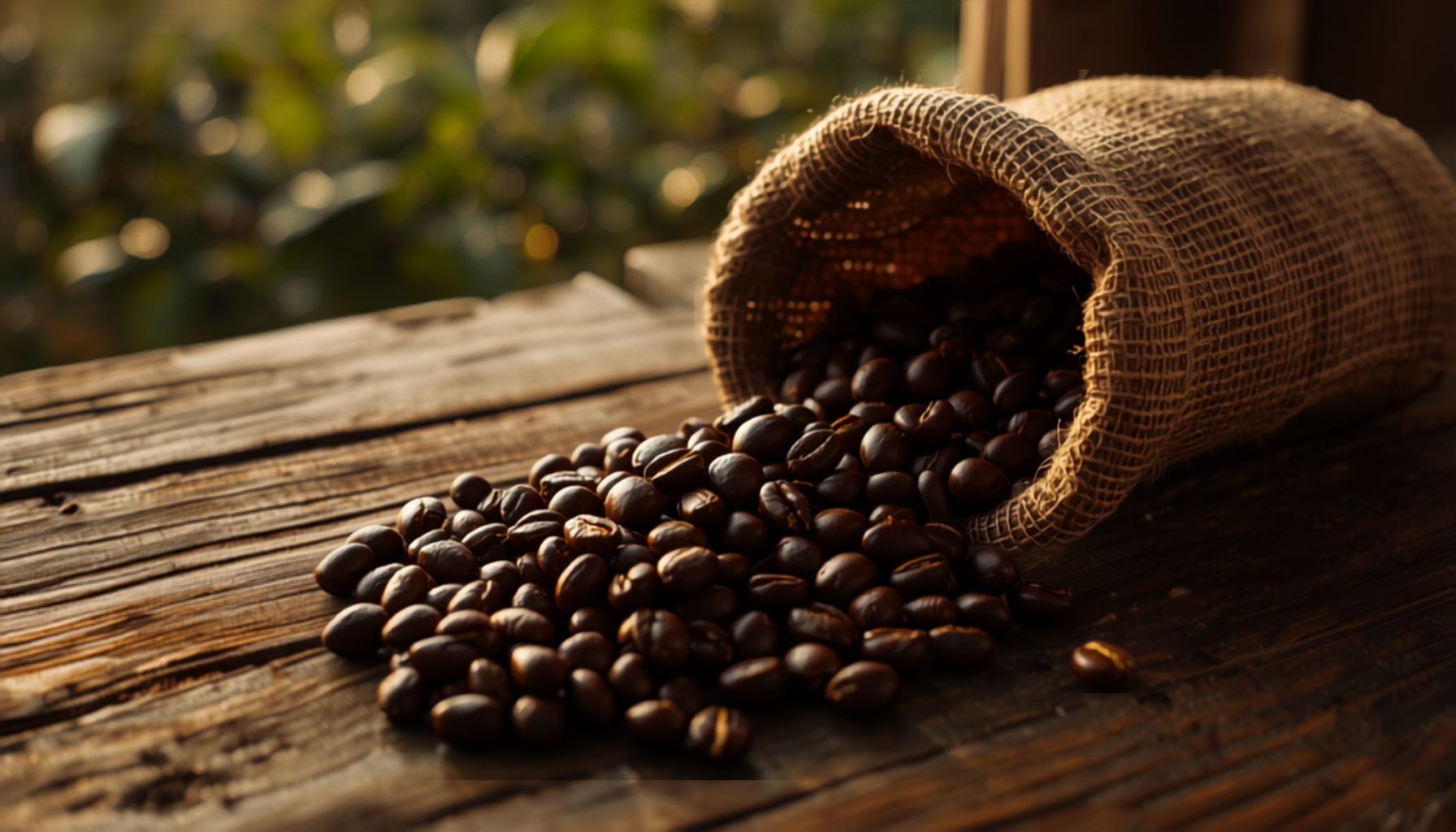 Whole roasted coffee beans spilling from a burlap sack onto a wooden surface in warm dawn light, suggesting a highland farm.