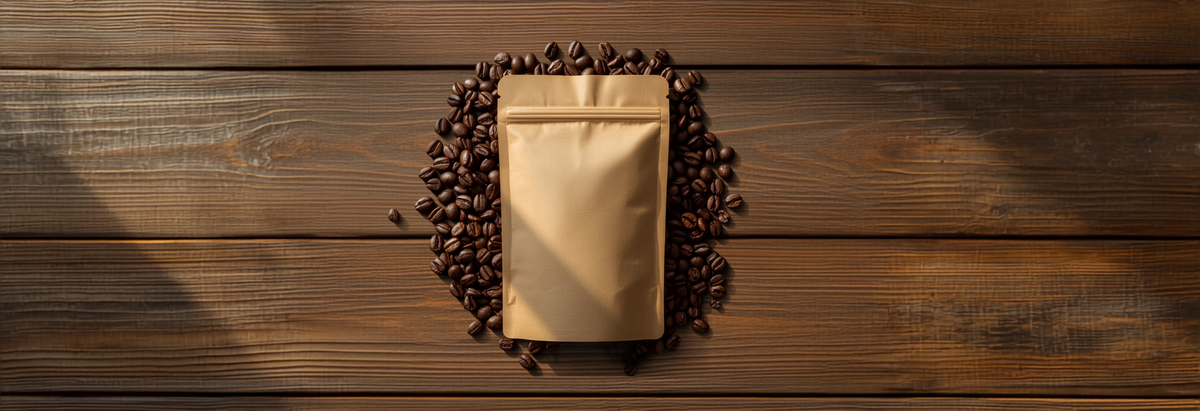 A plain kraft paper coffee bag with a resealable valve on a rustic wooden table, surrounded by scattered whole roasted coffee beans.
