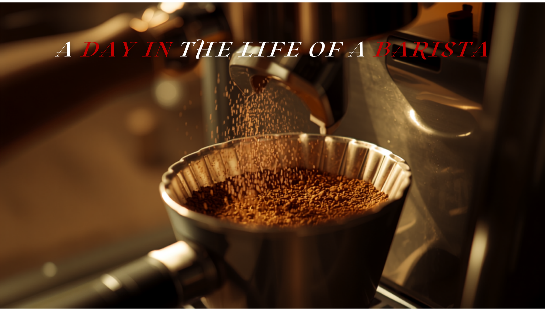 An espresso grinder dosing fresh ground coffee into a portafilter on a home espresso machine, warm kitchen light, close-up cinematic shot.