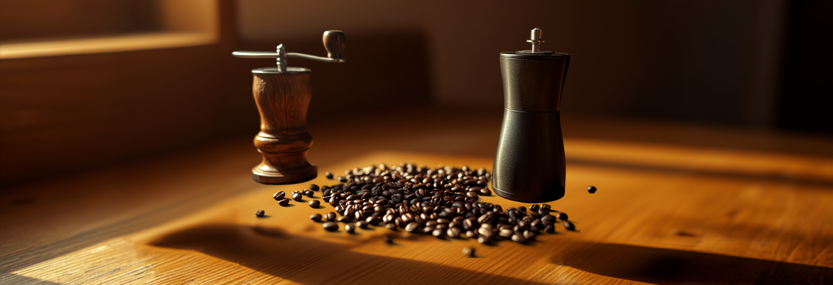 A manual hand coffee grinder beside a modern electric burr grinder on a kitchen counter with scattered coffee beans
