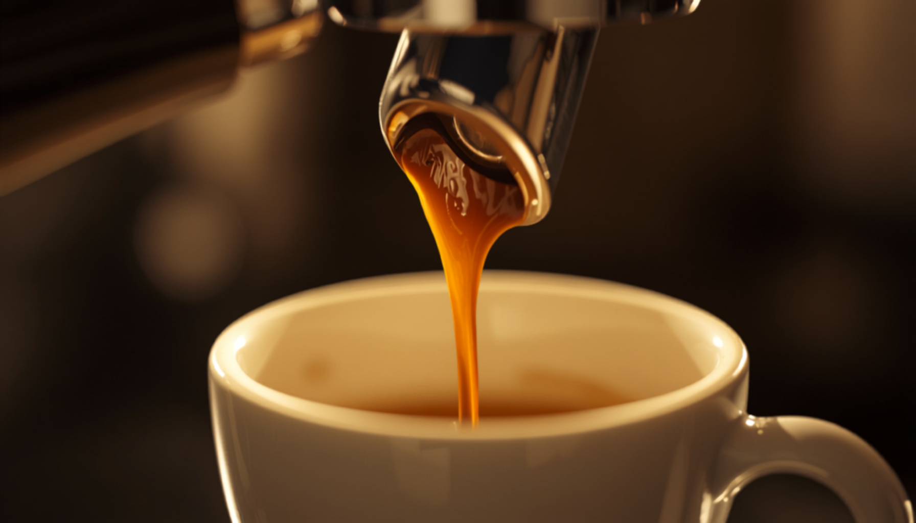 A thin, fast stream of espresso pouring into a cup from a portafilter, close-up cinematic shot, warm kitchen light.