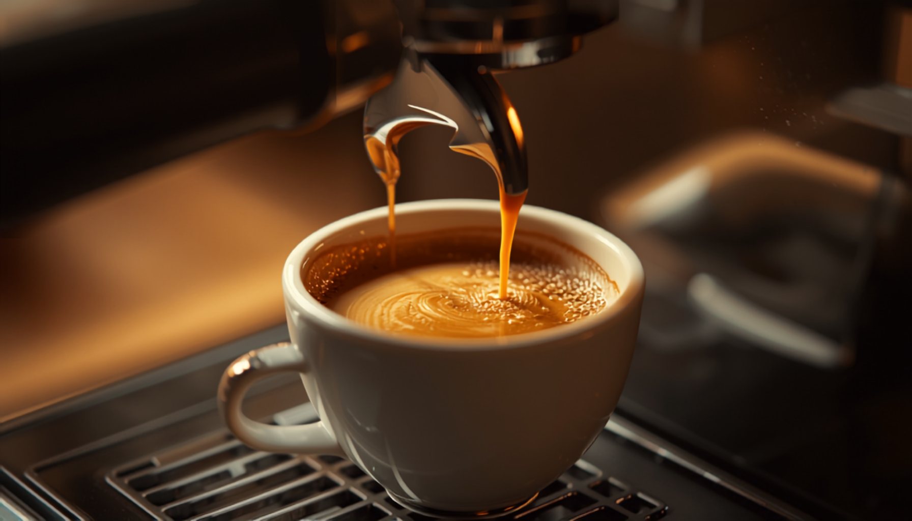 A double espresso shot pouring into a small cup with visible golden crema, close-up cinematic shot, warm kitchen light.