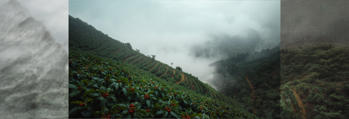 Misty high-altitude mountainside coffee farm at sunrise, terraced rows of coffee plants with ripening red cherries above a cloud-filled valley.