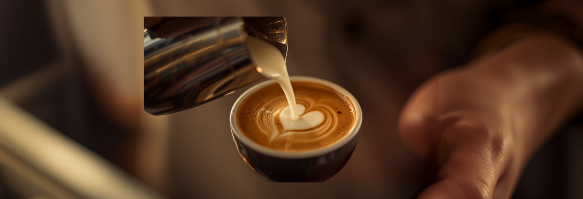 Barista pouring steamed milk to create a heart-shaped latte art pattern in a cup