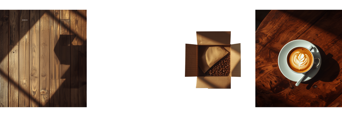 A cozy coffee scene contrasting a home delivery subscription box with an in-cafe coffee visit