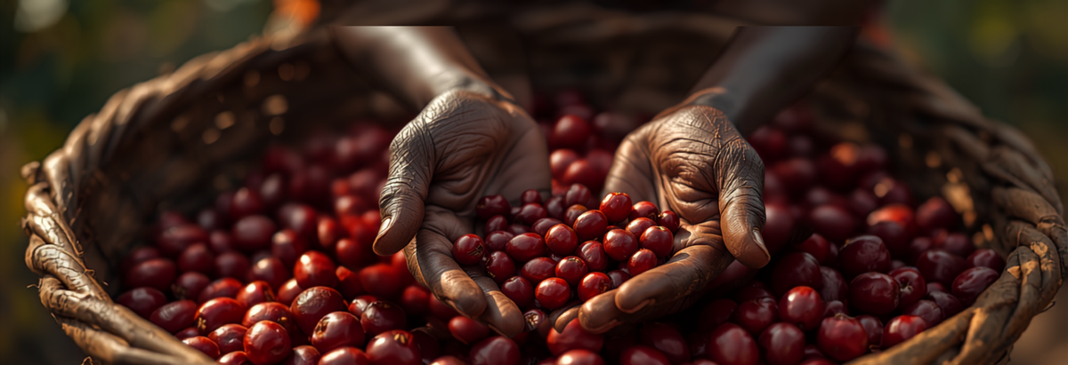 A woman coffee farmer's hands sorting freshly picked ripe coffee cherries in a basket