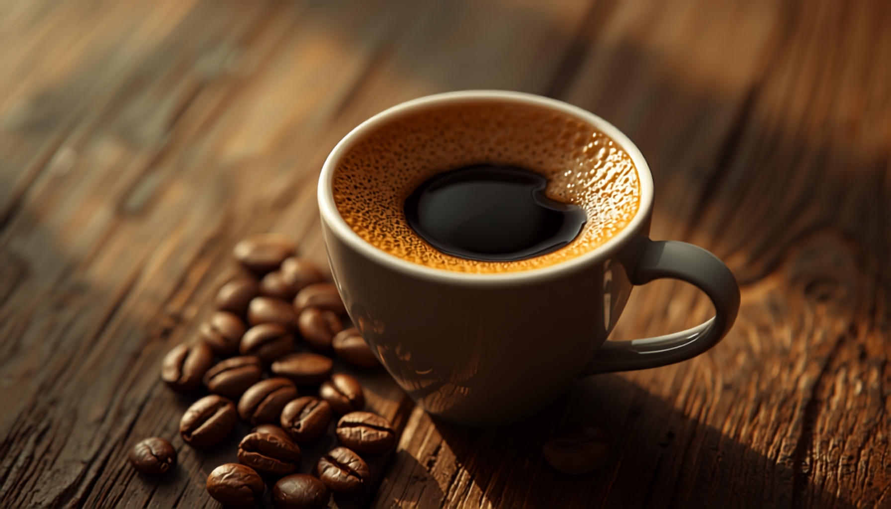 A small cup of dark espresso with thick crema and gentle steam beside scattered coffee beans in warm cinematic light.