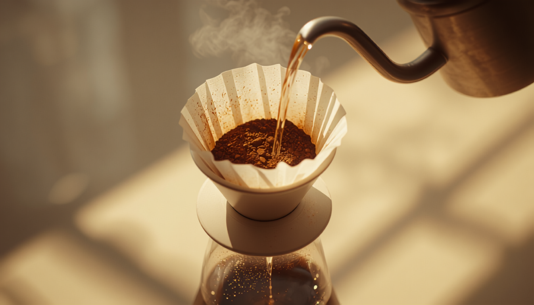 A ceramic pour-over dripper with a paper filter and coffee grounds, water pouring from a gooseneck kettle, warm natural light.
