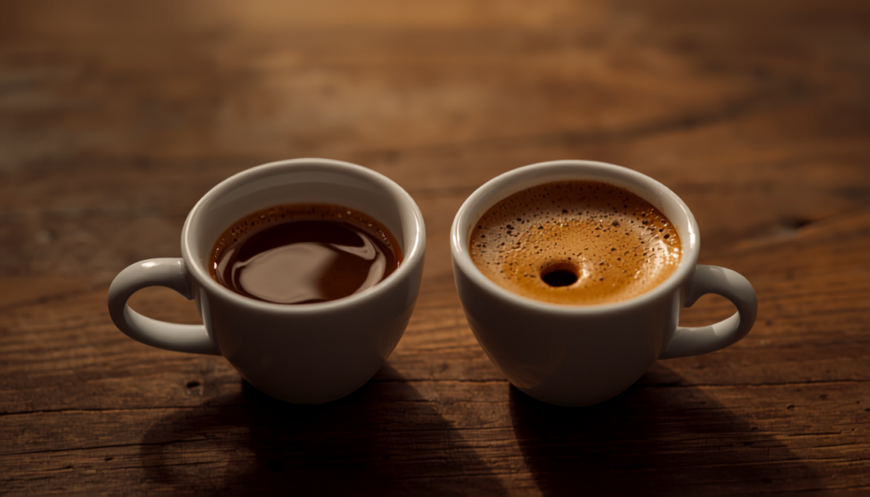 A single espresso shot and a double shot side by side in small cups on a wooden counter, warm kitchen light, close-up cinematic shot.