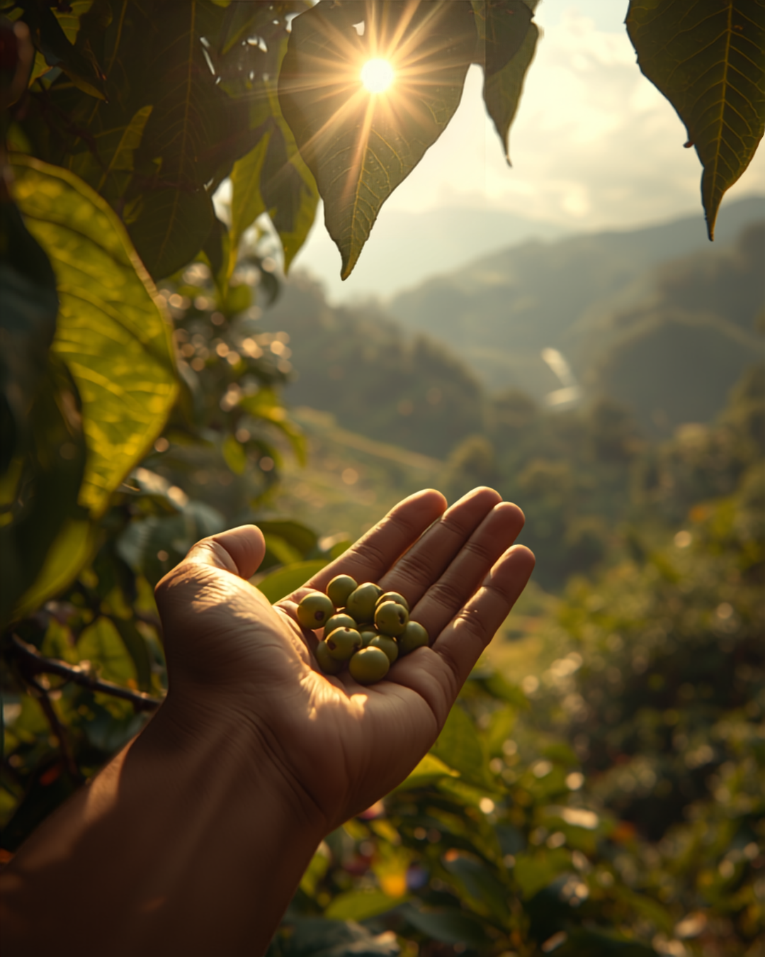 Coffee cherries being hand-picked on a sunlit mountainside farm, close-up cinematic shot.