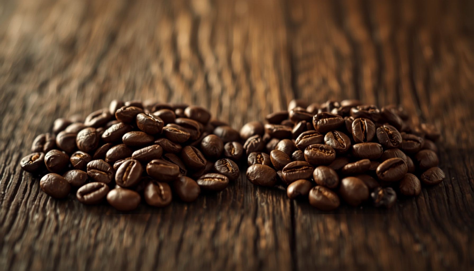 Two piles of roasted coffee beans side by side, elongated Arabica and rounder Robusta, in warm cinematic light.