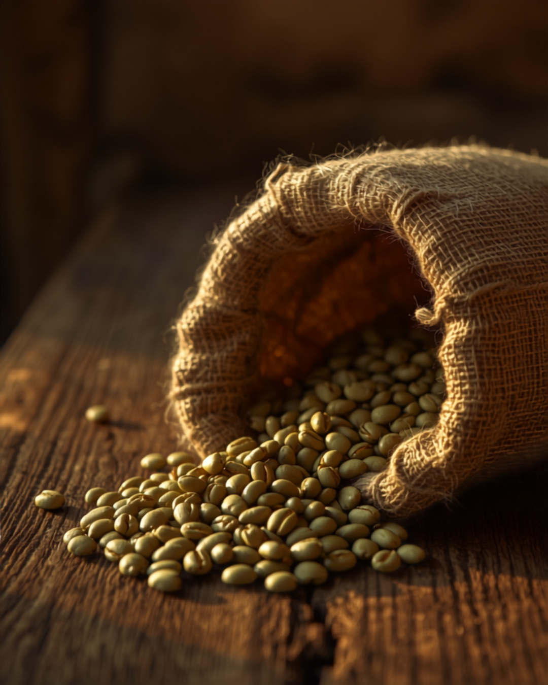 Close-up of a burlap coffee sack with green coffee beans spilling out in warm warehouse light.