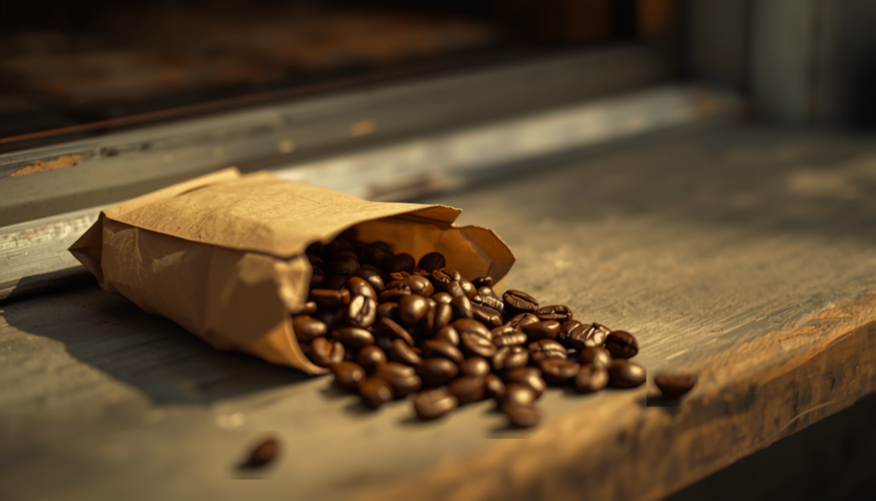 A fresh bag of coffee beans being delivered to a doorstep, warm morning light, close-up cinematic shot.