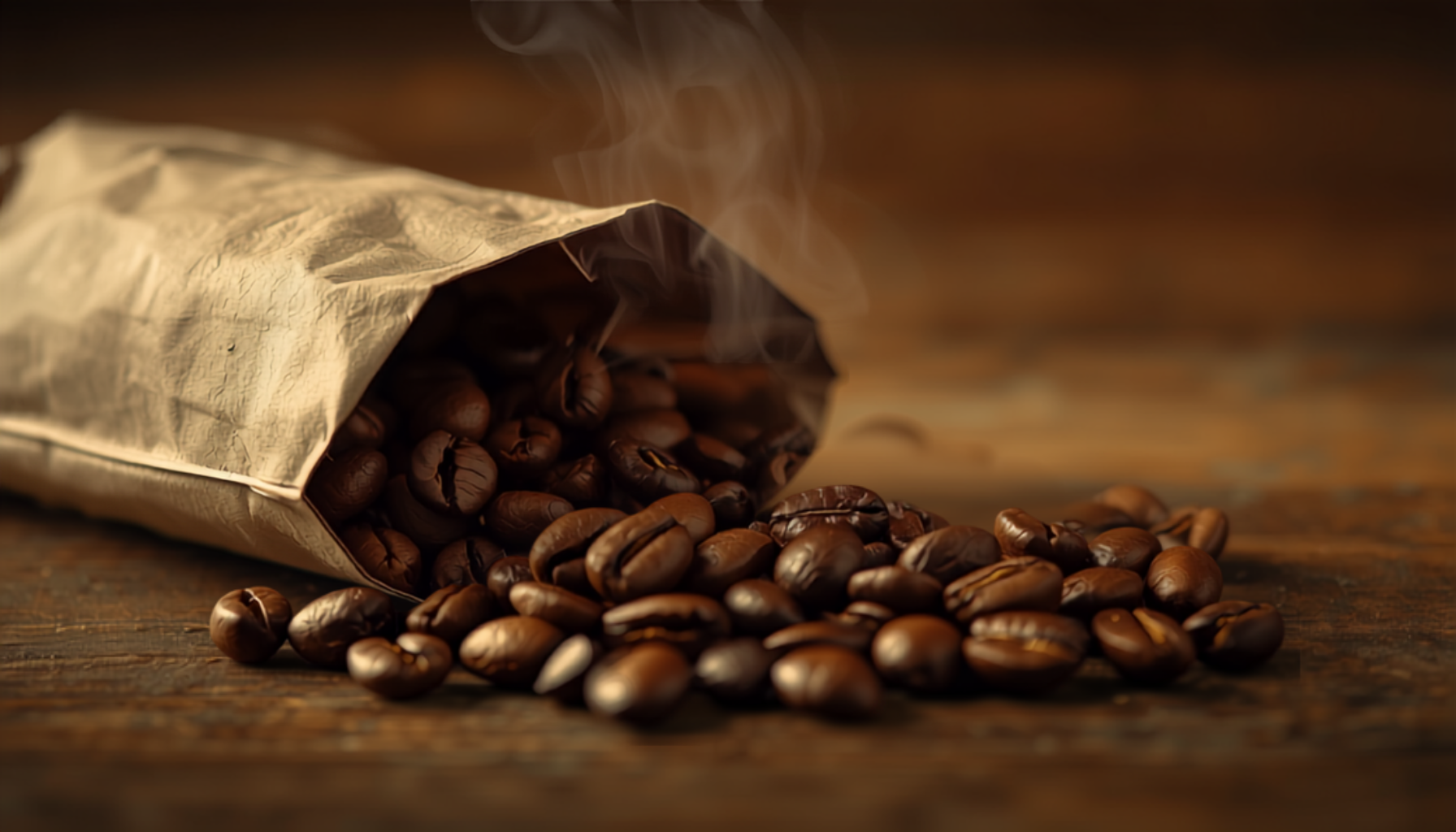 A kraft coffee bag tipped on its side with freshly roasted whole beans spilling onto a rustic wooden surface in warm light.