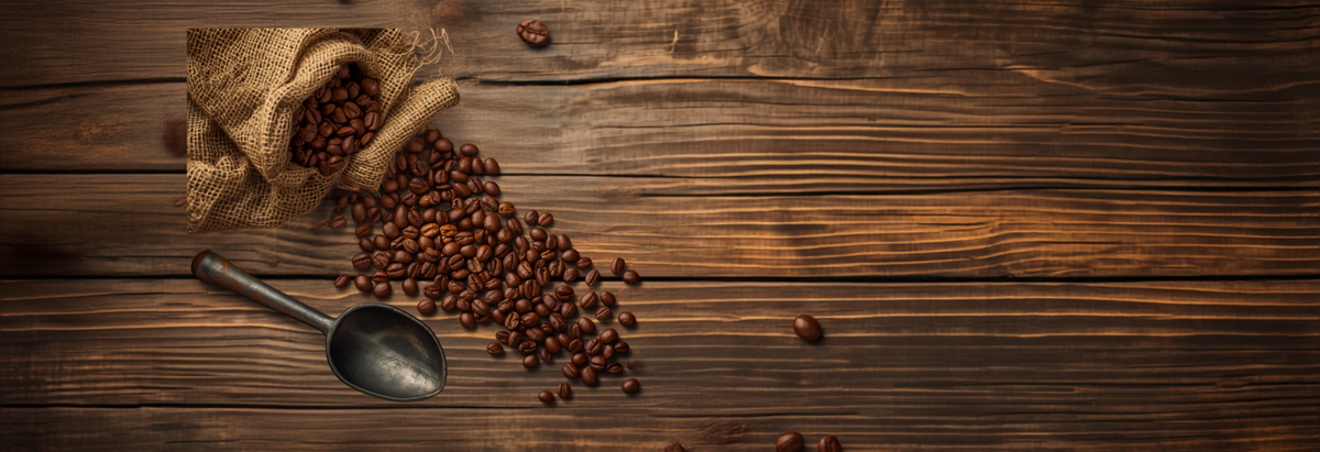 An overhead display of curated coffee beans and burlap sacks, representing how roasters select coffees for a subscription box