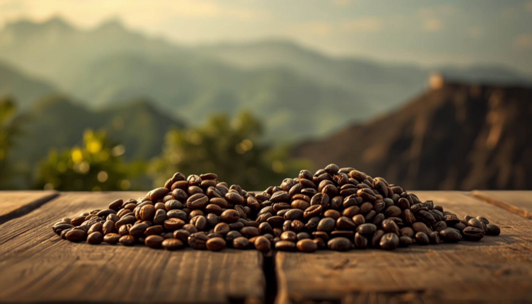 Two piles of roasted coffee beans side by side on rustic wood, warm light suggesting contrasting Andean and volcanic highland origins.