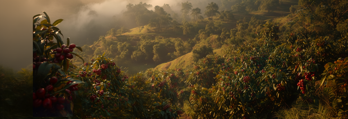 Mountainous Honduran coffee farm with ripe red cherries growing on steep terraced hillsides, forest and mist in the distance.