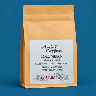 Amici Colombian Single Origin coffee bag - front label, Colombian coffee