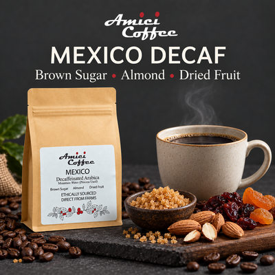 Amici Decaf Arabica tasting notes: brown sugar, almond and dried fruit with roasted beans