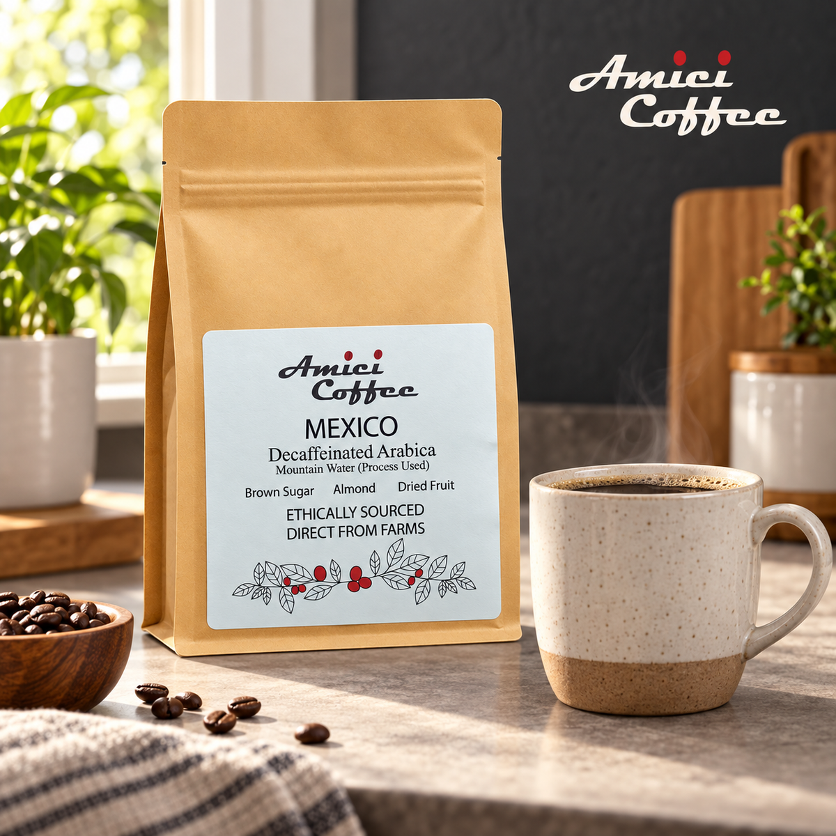 Amici Decaf Arabica coffee with latte art served with breakfast
