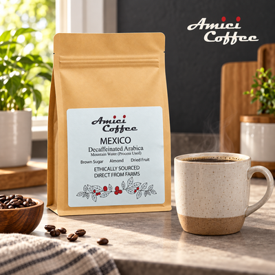 Amici Decaf Arabica coffee with latte art served with breakfast
