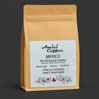 Amici Decaffeinated Arabica coffee bag - front label, naturally decaffeinated coffee