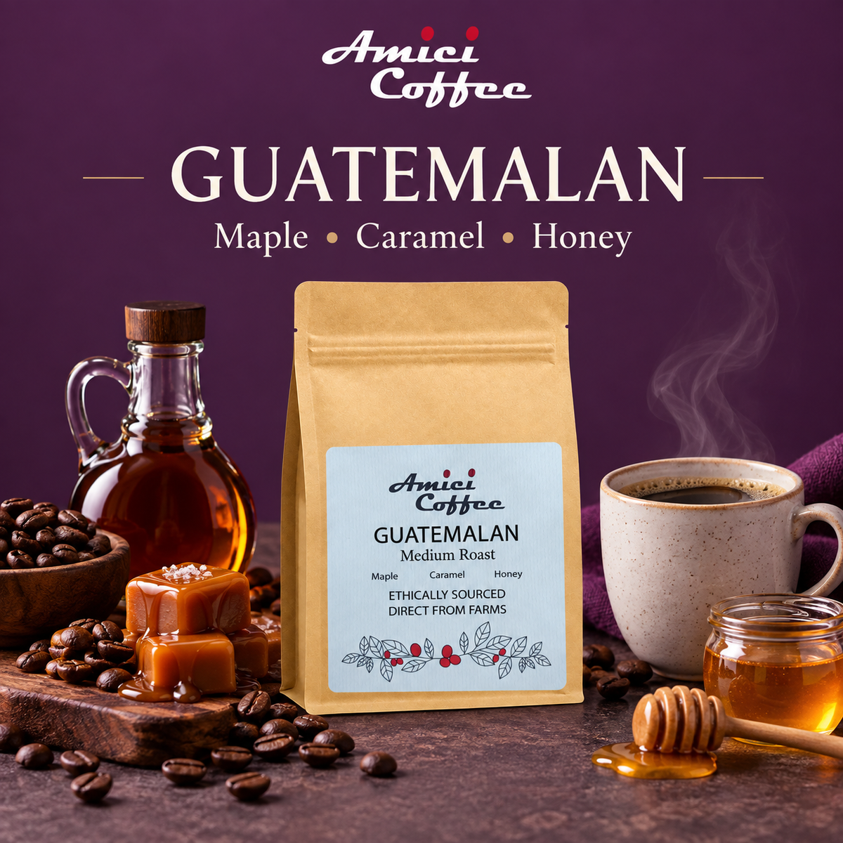 Amici Guatemalan coffee tasting notes: maple, caramel and honey with roasted beans